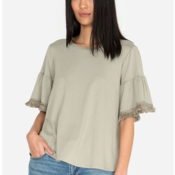 Johnny Was Tops - Johnny Was Calmé Fringe Trim Flutter Sleeve Bamboo T-Shirt Sage Green XS NWT